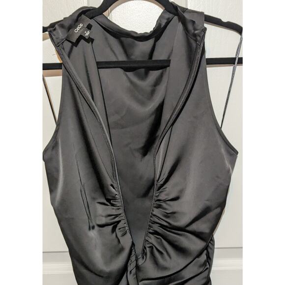 CeCe Black Satin Mock Neck Sleeveless Drape Ruched Sheath Midi Dress Size 10 - Picture 10 of 11